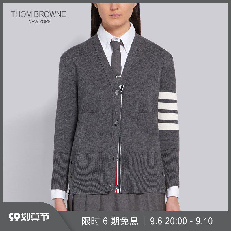 THOM BROWNE Women's Fall/Winter 2022 Mid Grey Four Stripes Cotton V-neck cardigan
