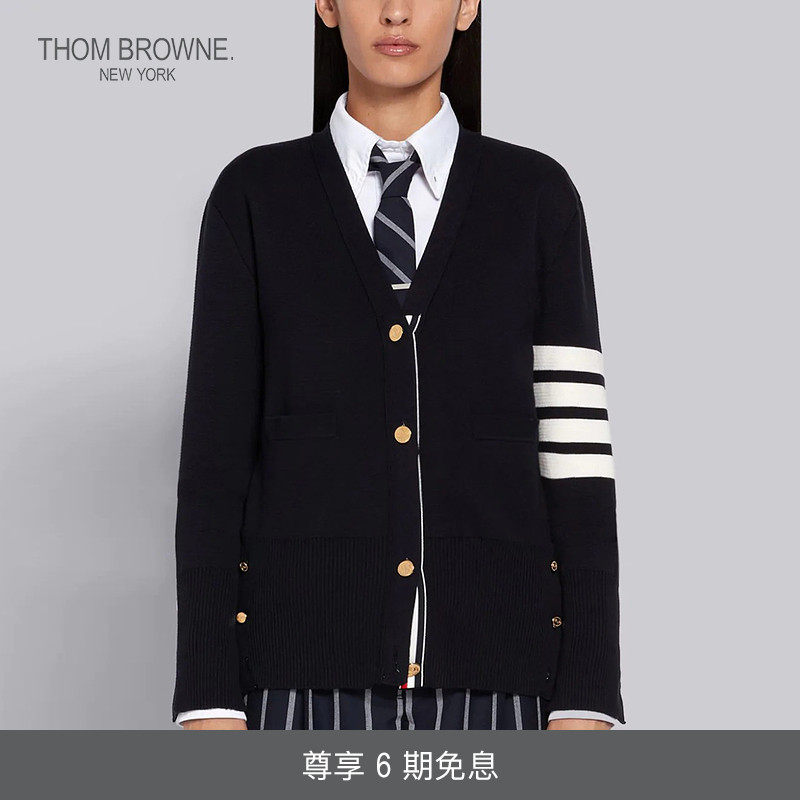 THOM BROWNE ladies AW22 four-striped cotton V-neck knit cardigan