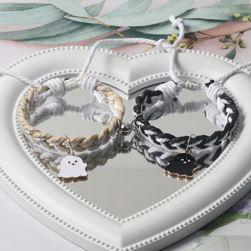 High-value black and white color-blocked woven magnetic bracelet for couples, original cartoon ghost bracelet, best friend bracelet, gift for boyfriend.