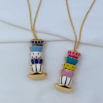 Stylish commuting style sweater chain with multiple teacup pendants and colorful enamel glaze inlay design