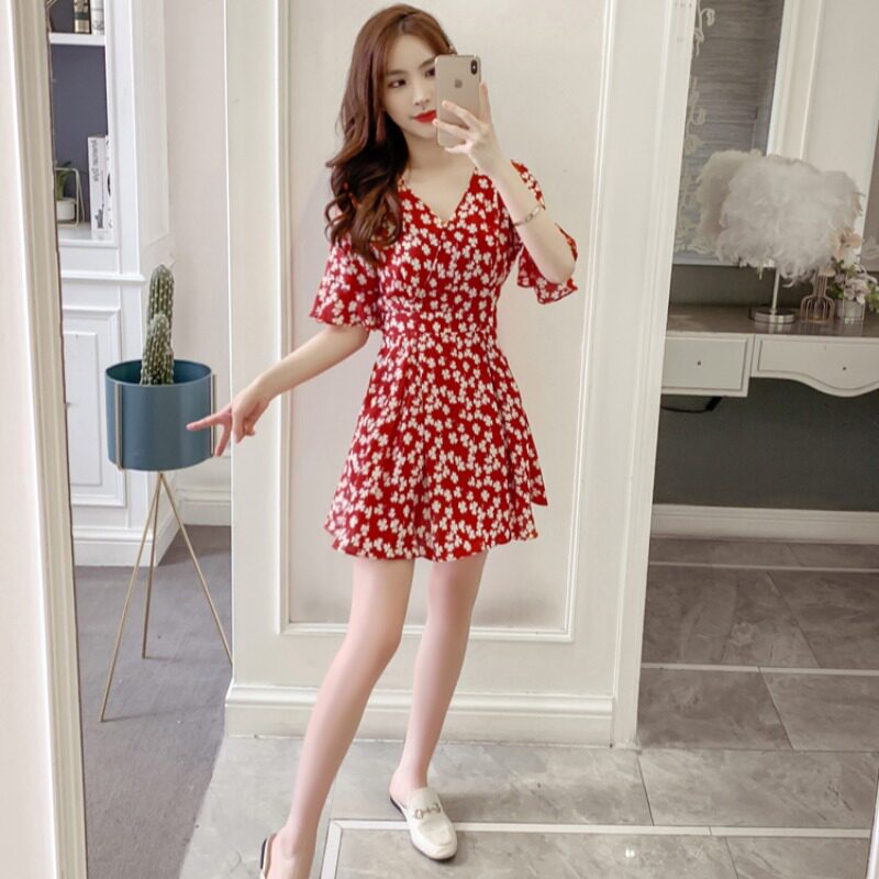 Sandro Bassa French style small temperament waist skirt 2022 new summer red floral dress female
