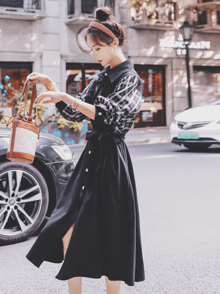 Sandro bassa 2021 new early autumn fashionable plaid contrast color stitching Hepburn style dress