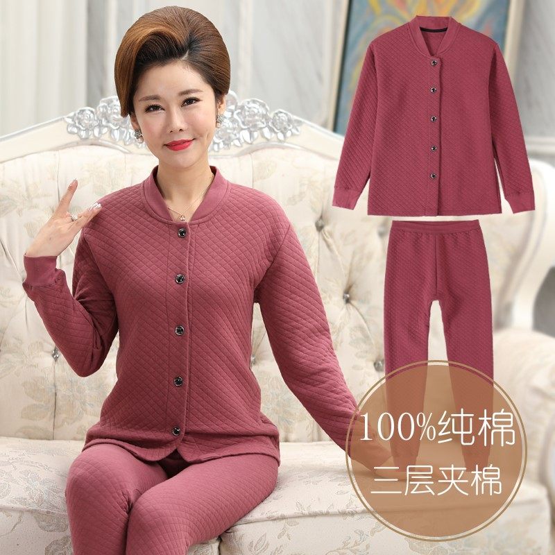 Middle Aged Thickening Autumn Clothes Sanitary Pants Pure Cotton Women Suit Triple Clip Cotton Fever Clothes Men Gafu Increase Open Cardiovert