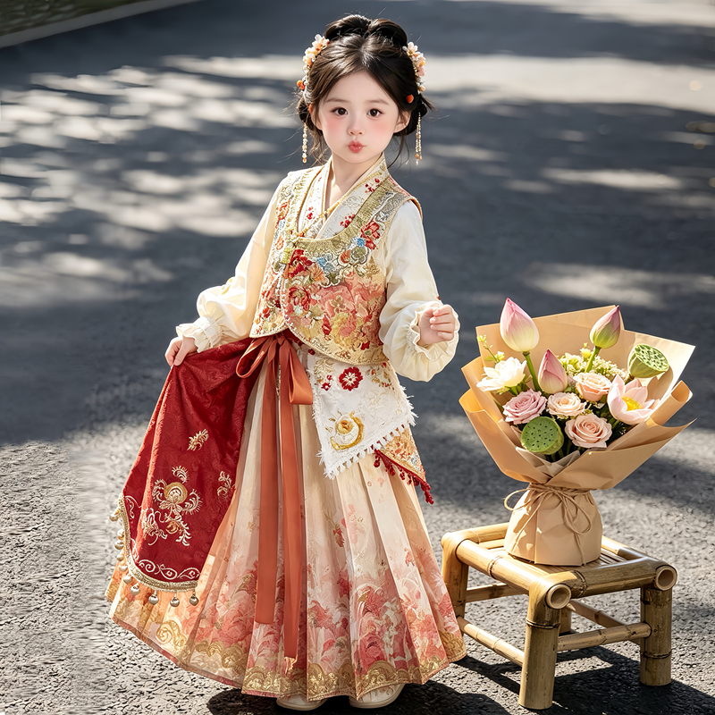 Hanfu for Girls, Autumn Style, Ethnic Style, Han Elements, Embroidered Vest, Three-Piece Set, Little Girl's Chinese Style Mid-Autumn Performance Costume