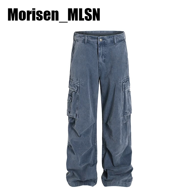 Morisen American Retro Vintage Distressed Workwear Blue Cargo Pants Trendy Loose Casual Pants