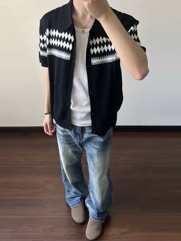 Tinelt Fair Isle Jacquard Lapel Loose Wool Cardigan with Buttons, Short Sleeves, Comfortable and Versatile Couple's Top Tinelt Fair Isle Jacquard Lapel Loose Wool Cardigan with Buttons, Short Sleeves, Comfortable and Versatile Couple's Top