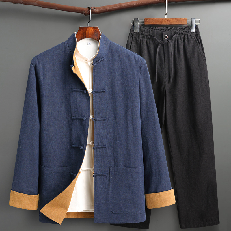 Chinese Style Tang Suit Men's Three-Piece Set, New Chinese Style Hanfu, Spring and Autumn Linen Material, Reversible Retro Button-Up Jacket