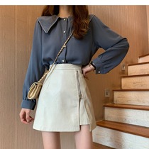 100 lap half dress child spring autumn 2023 new fashion zipped PU leather short dress with thin high waist a word skirt pants
