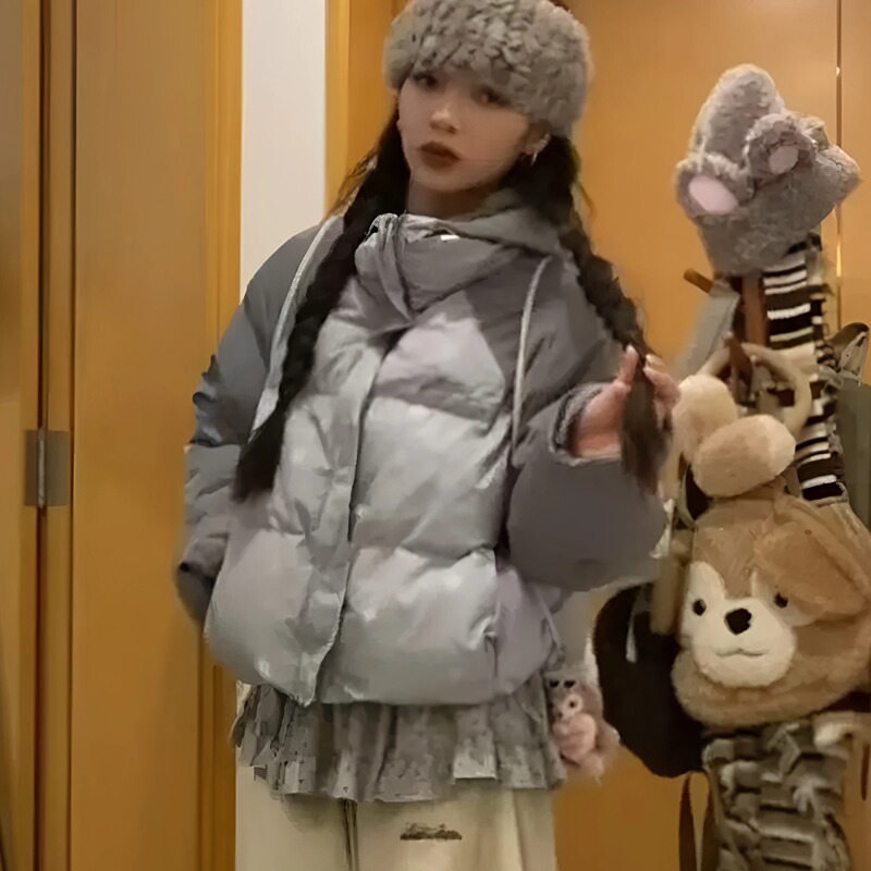 Korean-Style Cute Design Printed Hooded Short Cotton Jacket for Women, Winter Loose-Fitting Puffer Coat, Niche Fashion Korean-Style Cute Design Printed Hooded Short Cotton Jacket for Women, Winter Loose-Fitting Puffer Coat, Niche Fashion