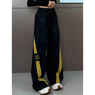 Pantalones casuales a rayas teñido anudado para mujer 2025 otoño nuevos pantalones americanos de pierna ancha de tres rayas pantalones sueltos adelgazantes de pierna recta hasta el suelo