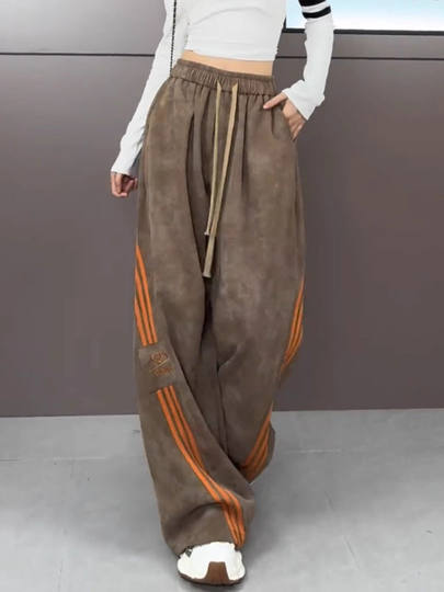 Gestreifte Batik-Freizeithose für Damen 2025 Herbst neue amerikanische Drei-Streifen-Hose mit weitem Bein, lockere, schlankmachende, bodenlange Hose mit geradem Bein