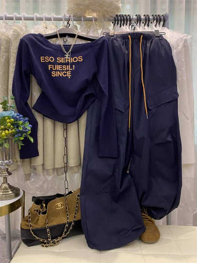 2025新款韩版时尚套装斜领字母印花长袖T恤+松紧腰抽绳工装阔腿裤