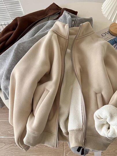 Winter Little Heater! Thickened Lamb Fleece Stand-Up Collar Sweatshirt for Women, Warm and Versatile, Casual Double-Zip Cardigan Jacket, Trendy