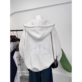 Chaqueta con cremallera y lazo de encaje con cuentas para mujer, sudadera holgada de terciopelo de talla grande, estilo a la moda coreana, industria pesada