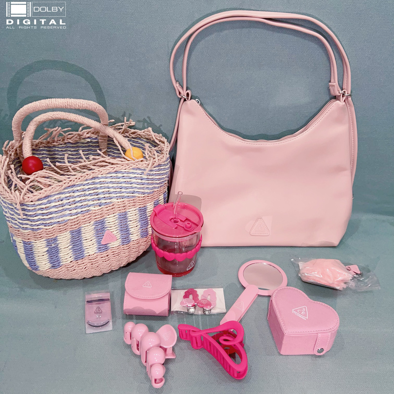 3Ce Pink Picnic Basket Pink Three-In-One Backpack Shoulder Bag Underarm Bag Heart-Shaped Jewelry Box Glass Cup Hair Clip Hairpin