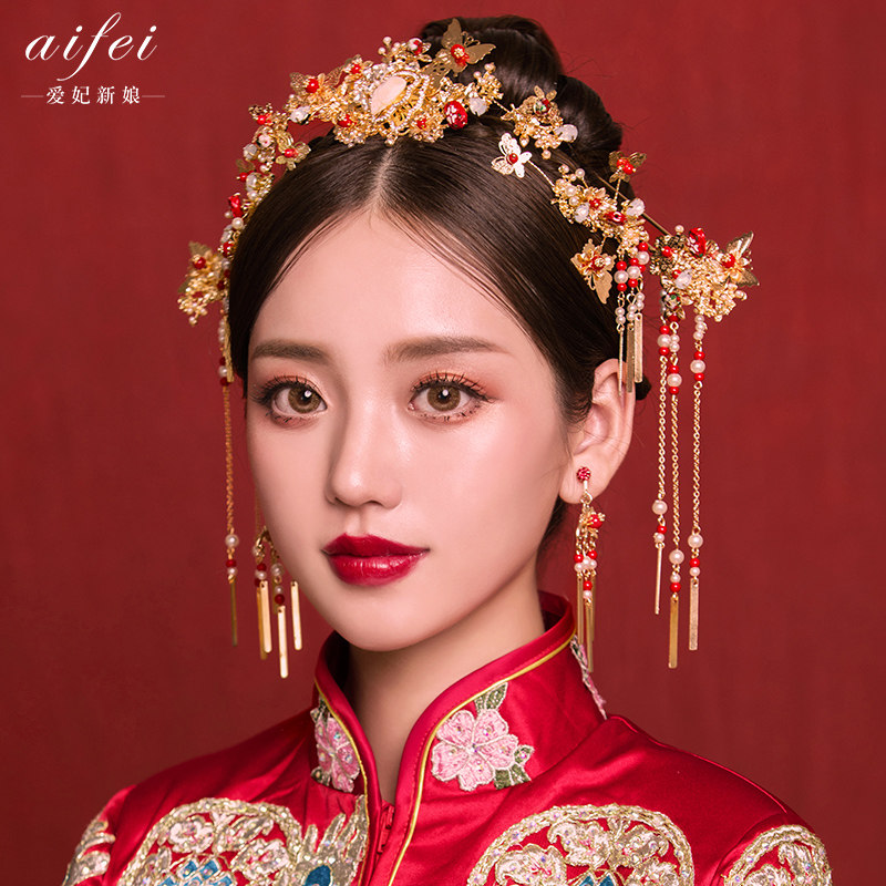 He Xiufu bride headdress 2022 new wedding Xiuhe Chinese style phoenix crown step shaking toast clothing hair accessories simple atmosphere