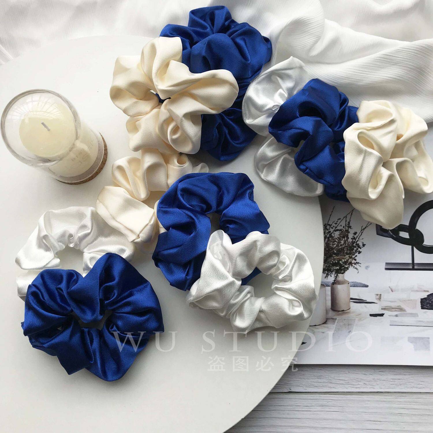 Klein blue hair circle treasure blue large intestine hair band upscale satin minimalist hair accessories Han version retro student leather gluten