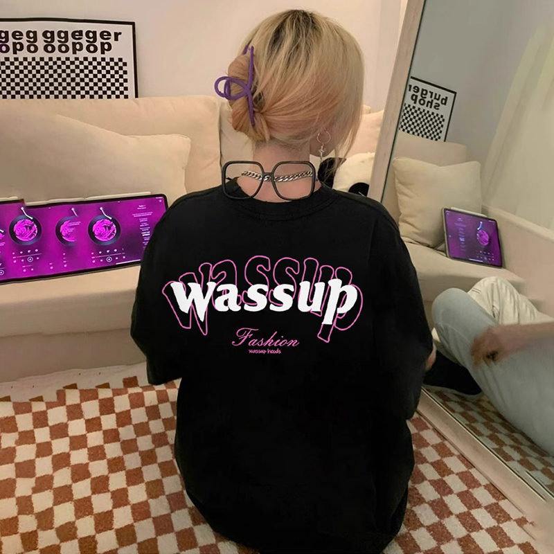Wassup Chinese Style Curved Logo Print American Couple Short-Sleeved Tops for Men and Women, Summer Loose Trendy Brand T-Shirts