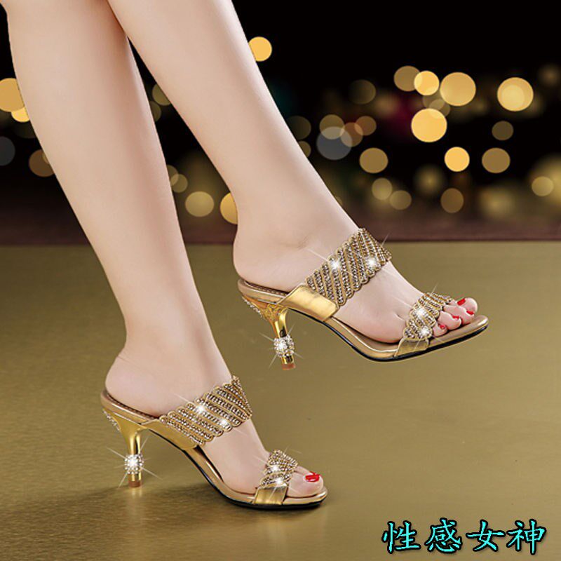 2022 New Sexy Cool Sandals Gold Water Drilling Female Slippers High Heel Heels Mellow Diamond Sandals