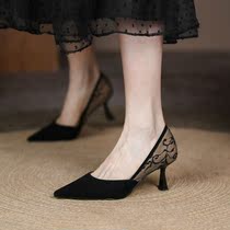 2022 new design sense niche hollow sexy pointed toe French single shoes black lace high heels female stiletto