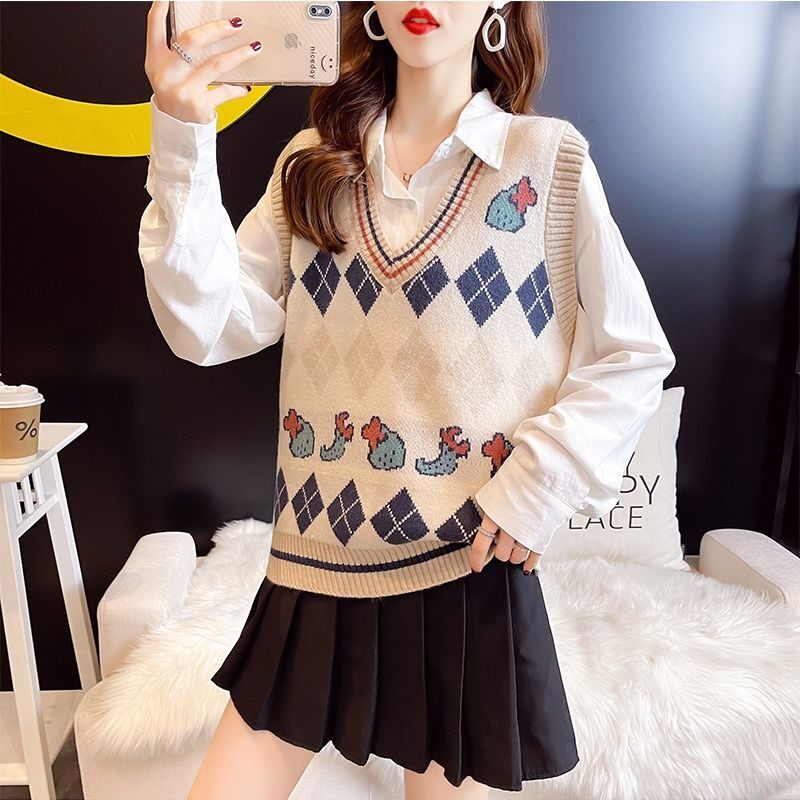 Autumn and winter new V-neck vest vest ladies outer sleeveless sweater jacquard knitted vest-style all-match coat