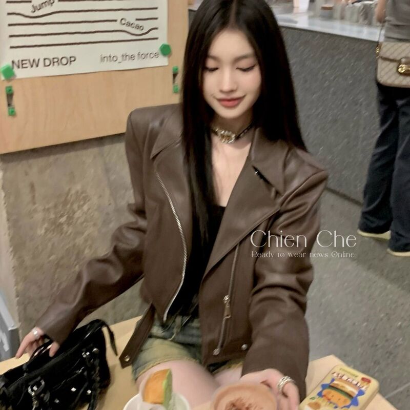2026 New Popular American Retro Brown Coffee-Colored Pu Leather Short Jacket for Women, Spring and Autumn Short Jacket for Petite Figures