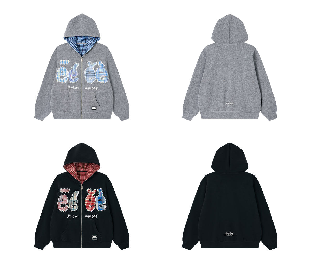 eeeeArtmonster Plaid Patch Embroidered Hoodie