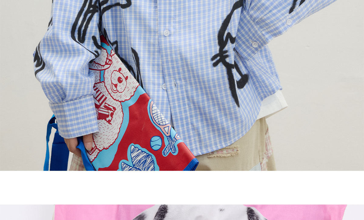 eeeeArtmonster Blue Plaid Cat Graffiti Shirt