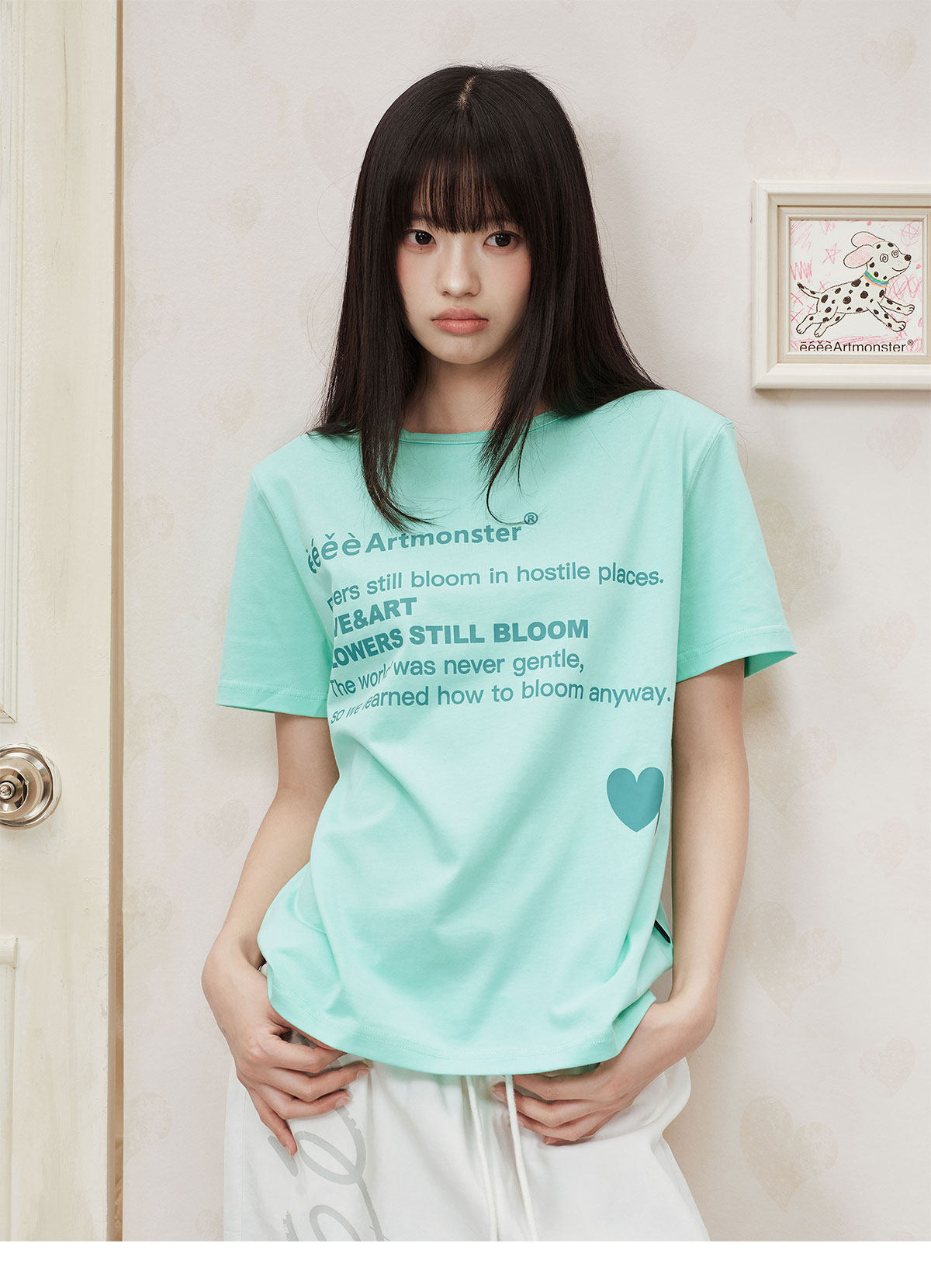 eeeeArtmonster Mint Heart Print Loose Tee