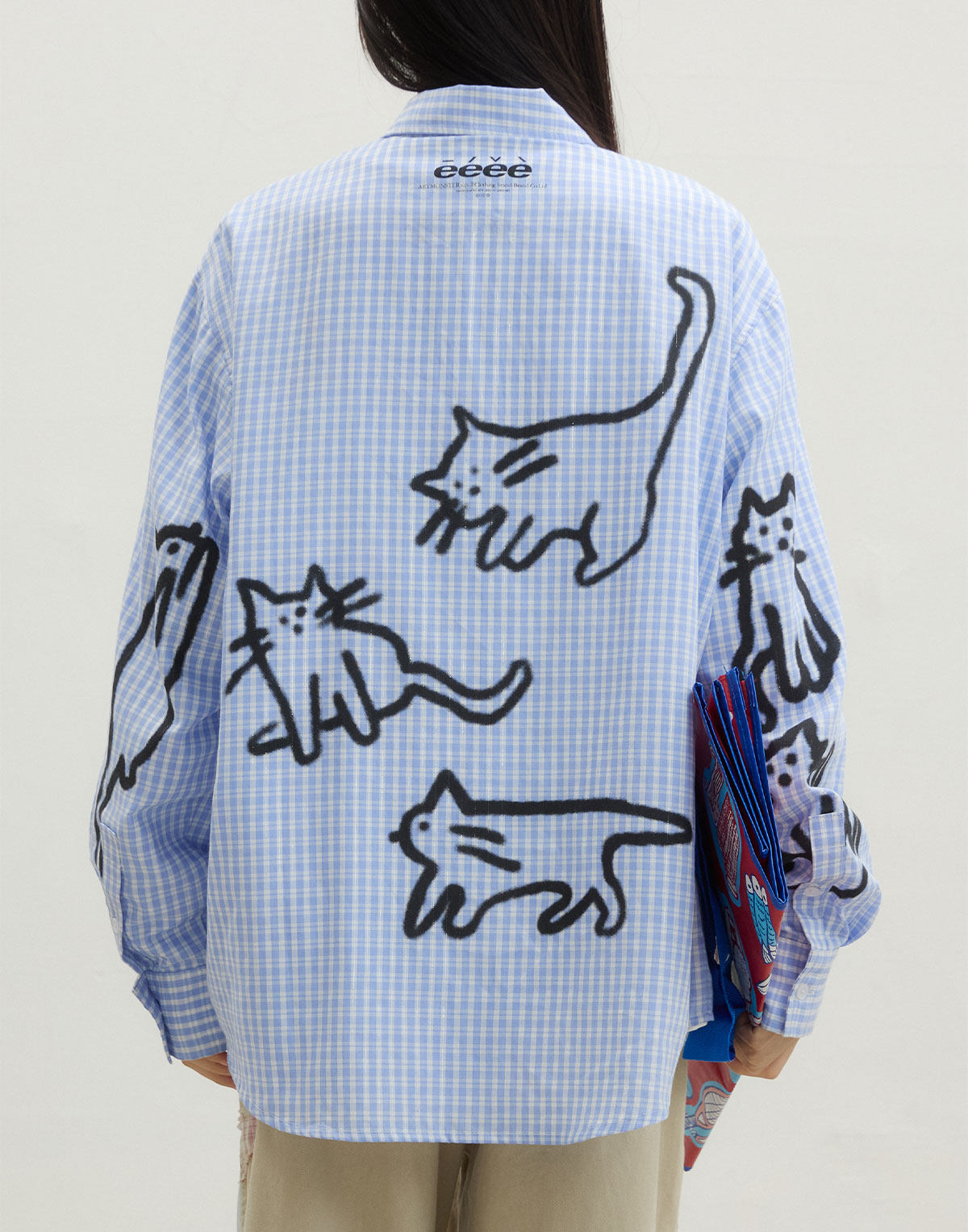 eeeeArtmonster Blue Plaid Cat Graffiti Shirt