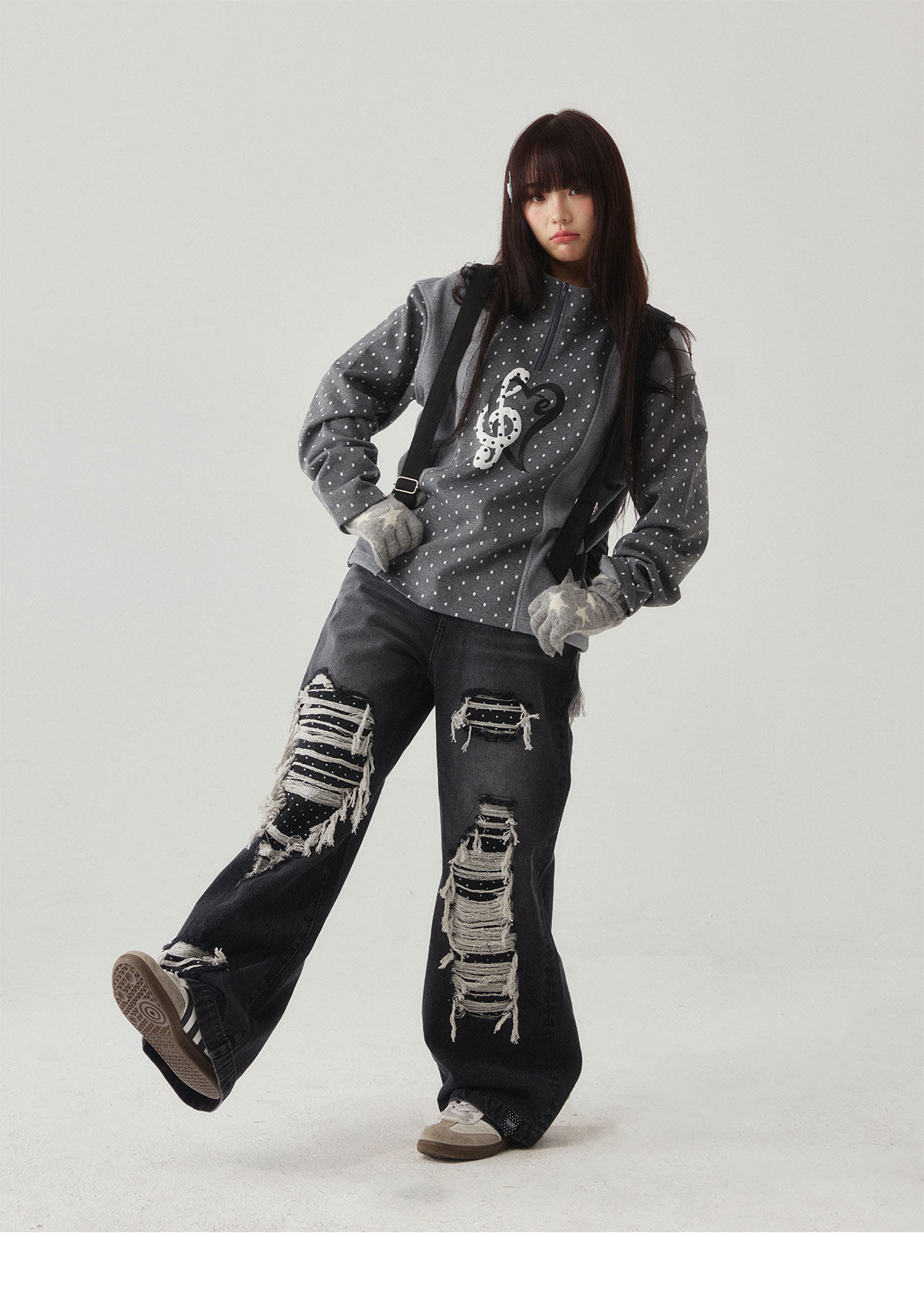 eeeeArtmonster Polka Dot Half-Zip Long-Sleeve Top