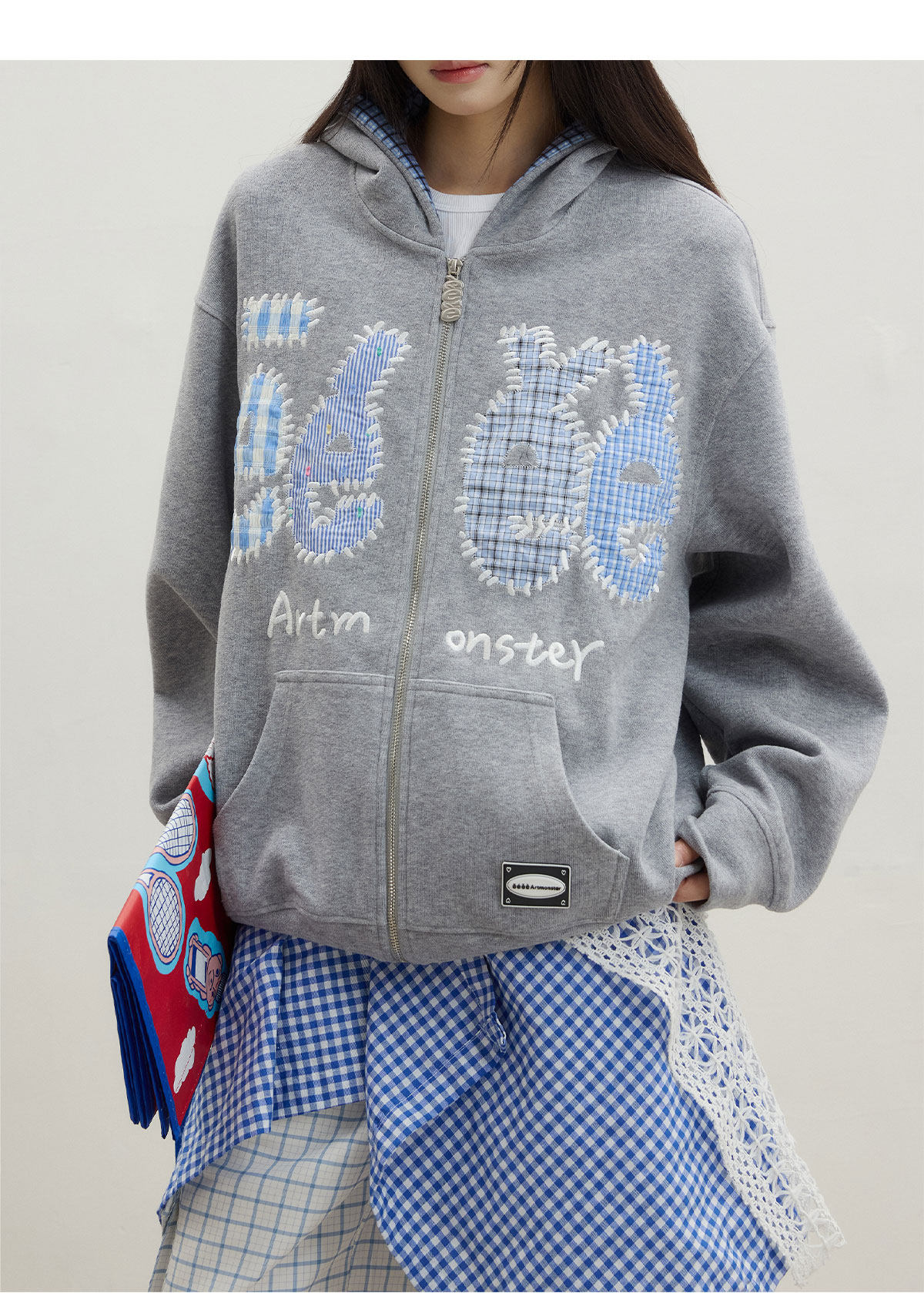 eeeeArtmonster Plaid Patch Embroidered Hoodie