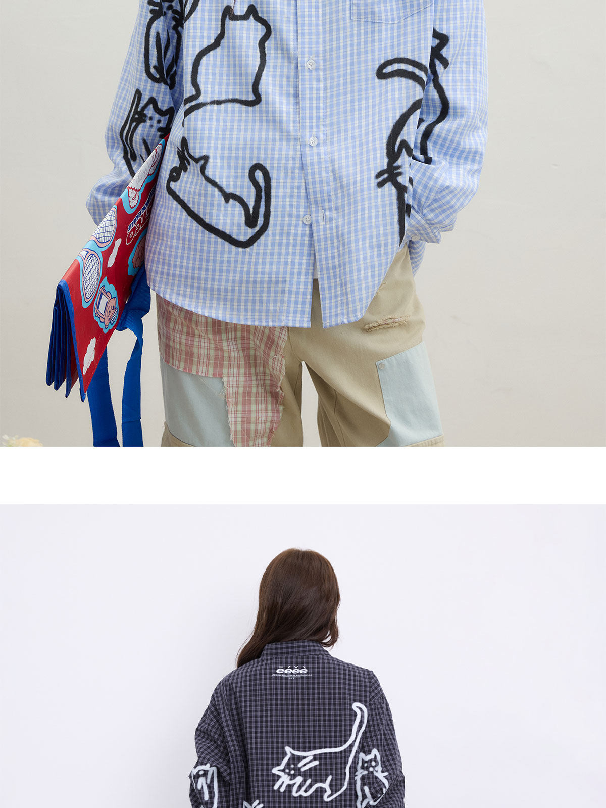 eeeeArtmonster Blue Plaid Cat Graffiti Shirt