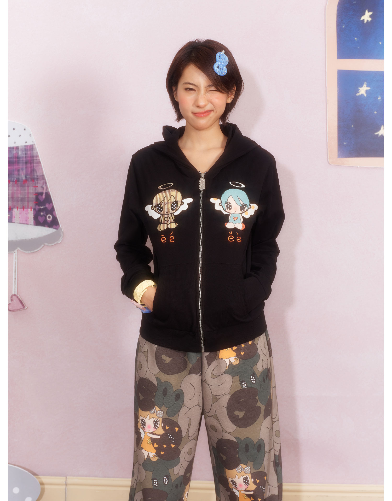 eeeeArtmonster Angel Dialogue Embroidered Hooded Cardigan