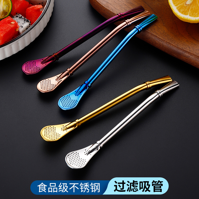 304 stainless steel straw spoon dual-purpose coffee stirring spoon juice filter spoon Creative straw non-disposable