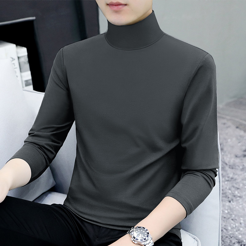 Pure Cotton High Collar T-Shirt Long Sleeve Men's Undershirt Spring Autumn 2023 New Middle Collar Autumn Clothes Fashion Popular Light Version Body-Taobao