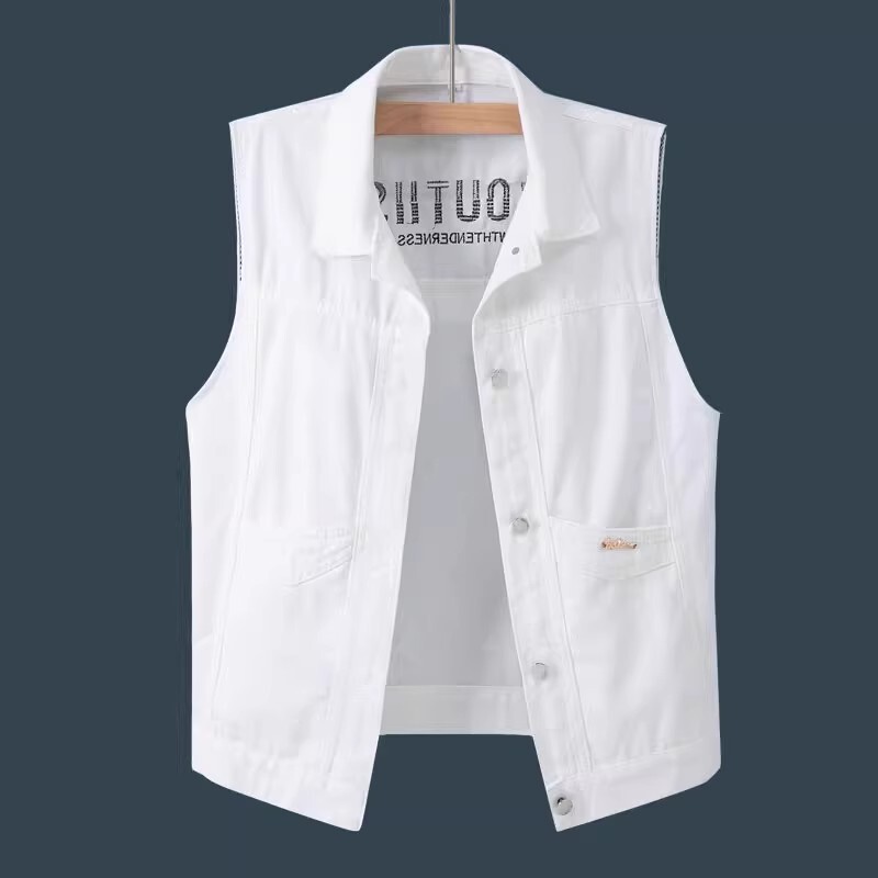 High-End Trendy Embroidered White Denim Vest Short Jacket for Men 2026 New Summer Korean Style Loose Vest Trendy