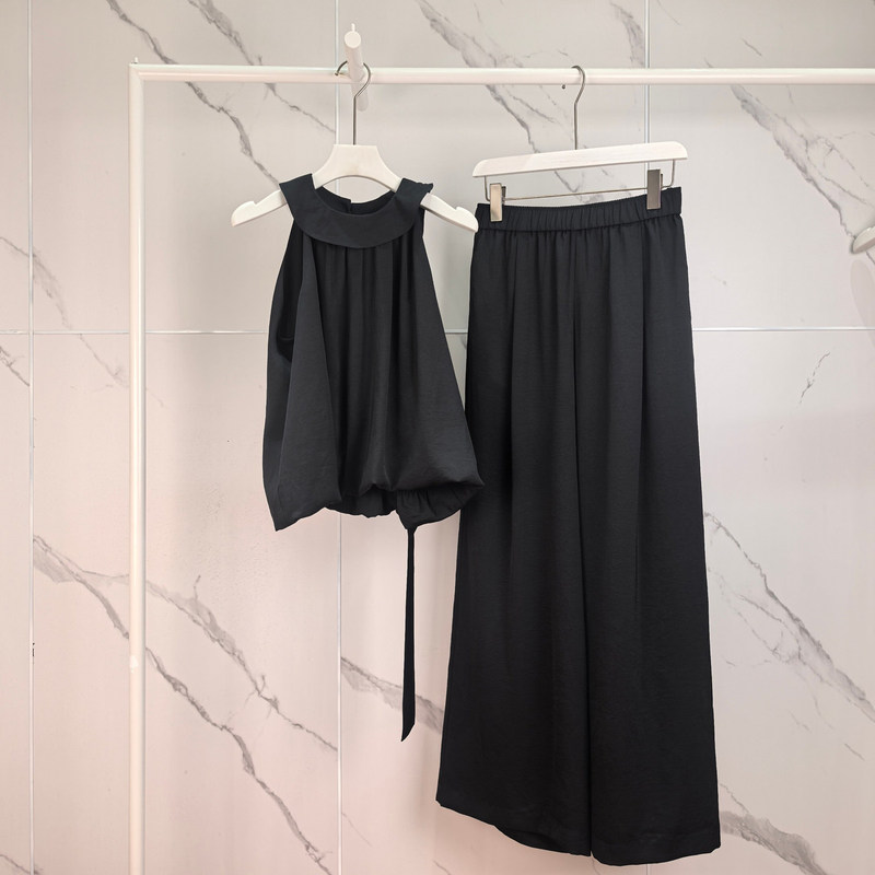 In Stock 2026 Summer New Style Halter Neck Tie Sleeveless Slimming Black Top Women's Pants Set 1H4920031 In Stock 2026 Summer New Style Halter Neck Tie Sleeveless Slimming Black Top Women's Pants Set 1H4920031