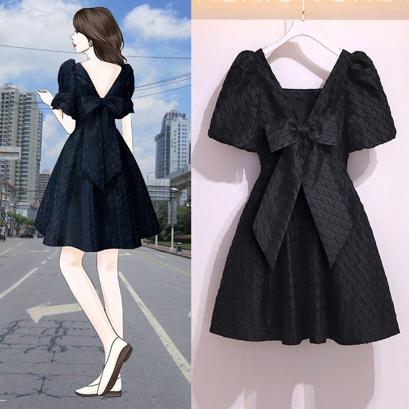 Hong Kong 2026 New High-End Bow-Tie French-Style Dress, Summer Plus-Size V-Neck Little Black Dress for Socialites
