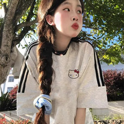 American-Style Three-Stripe Kt Cat Pure Cotton Short-Sleeve T-Shirt for Women, Summer 2025, Sweet and Cool Style, Loose Gray Top