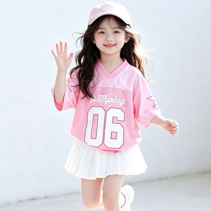 Girls' T-Shirt 2026 Summer New Style Girls' Number and Letter Print Breathable Sports T-Shirt Loose Fit Pink Jersey Girls' T-Shirt 2026 Summer New Style Girls' Number and Letter Print Breathable Sports T-Shirt Loose Fit Pink Jersey