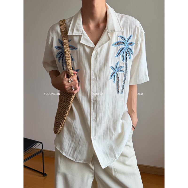 Yudonglin Resort Style Palm Tree Embroidered Short-Sleeved Shirt for Men and Women Linen Lapel Loose Cardigan Shirt Summer Yudonglin Resort Style Palm Tree Embroidered Short-Sleeved Shirt for Men and Women Linen Lapel Loose Cardigan Shirt Summer
