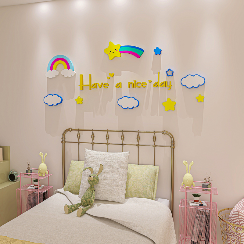Children's room Placement Cartoon cute stars Cloud Dot solid wall sticker light and luxurious bedroom headboard background wall decoration