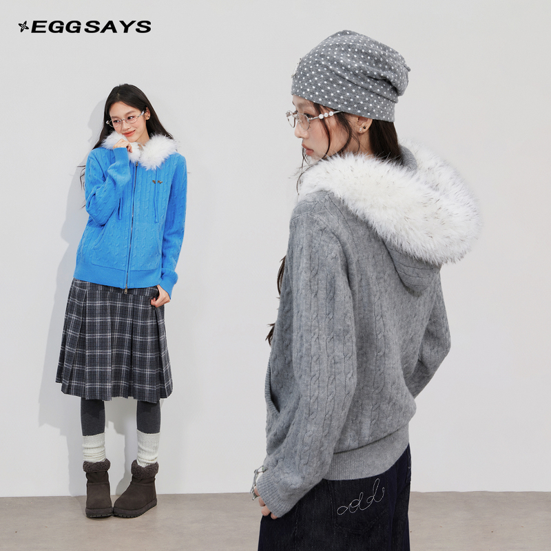 Eggsays Sweater Jacket for Women 2026 New Korean Style Zipper Hooded Fur Collar Autumn and Winter Twist Knit Cardigan