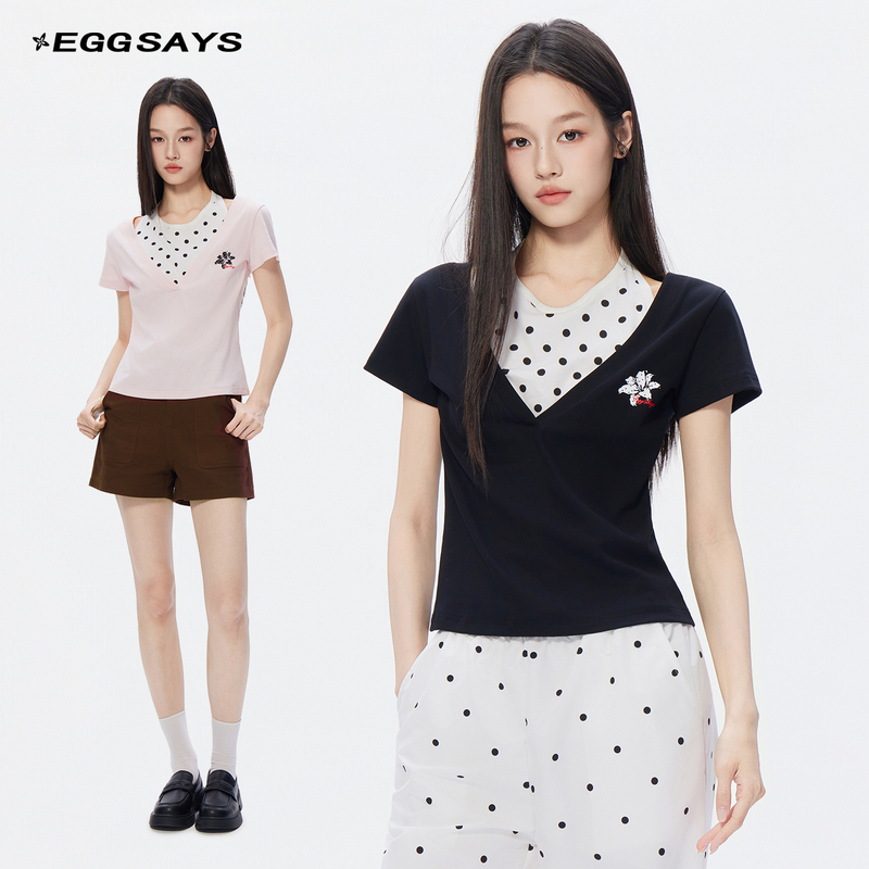 Eggsays Summer Regular Shoulder Short-Sleeve T-Shirt, Faux Two-Piece Korean-Style Polka Dot Halter Neck Slimming Versatile Design Top Eggsays Summer Regular Shoulder Short-Sleeve T-Shirt, Faux Two-Piece Korean-Style Polka Dot Halter Neck Slimming Versatile Design Top