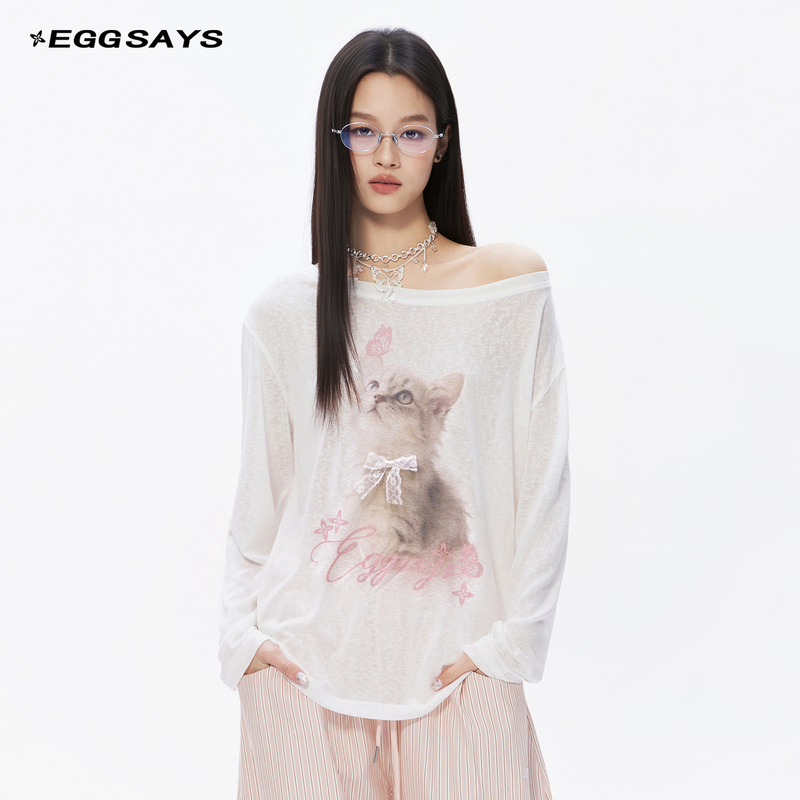 Eggsays Summer Sun Protection Cover-Up Women's Long-Sleeved T-Shirt Air-Conditioning Shirt with Slanted Shoulders and Slightly See-Through Kitten Loose Chiffon Top