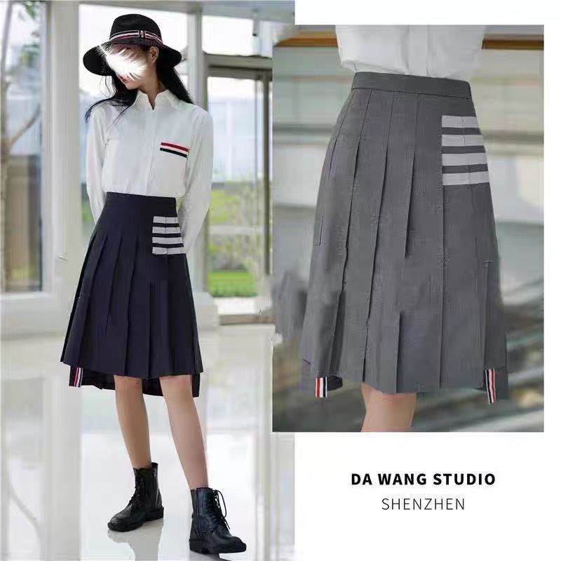 Summer Thhb Tb Long Pleated Skirt with Four Stripes, High-Waisted, Slimming, Short in Front and Long in Back, Wool Half Skirt Summer Thhb Tb Long Pleated Skirt with Four Stripes, High-Waisted, Slimming, Short in Front and Long in Back, Wool Half Skirt