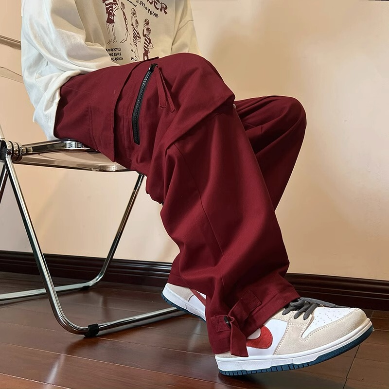 Extra Large Size 150kg Burgundy Cargo Pants for Men, Spring and Autumn American Style Trendy Casual Pants, Loose Straight Wide-Leg Pants2