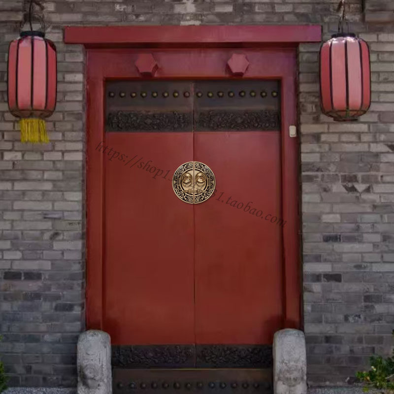 Невидимая рука 彷古老式大门花园古建农村院门拉环明装门栓锁纯铜狮子头铜门把手