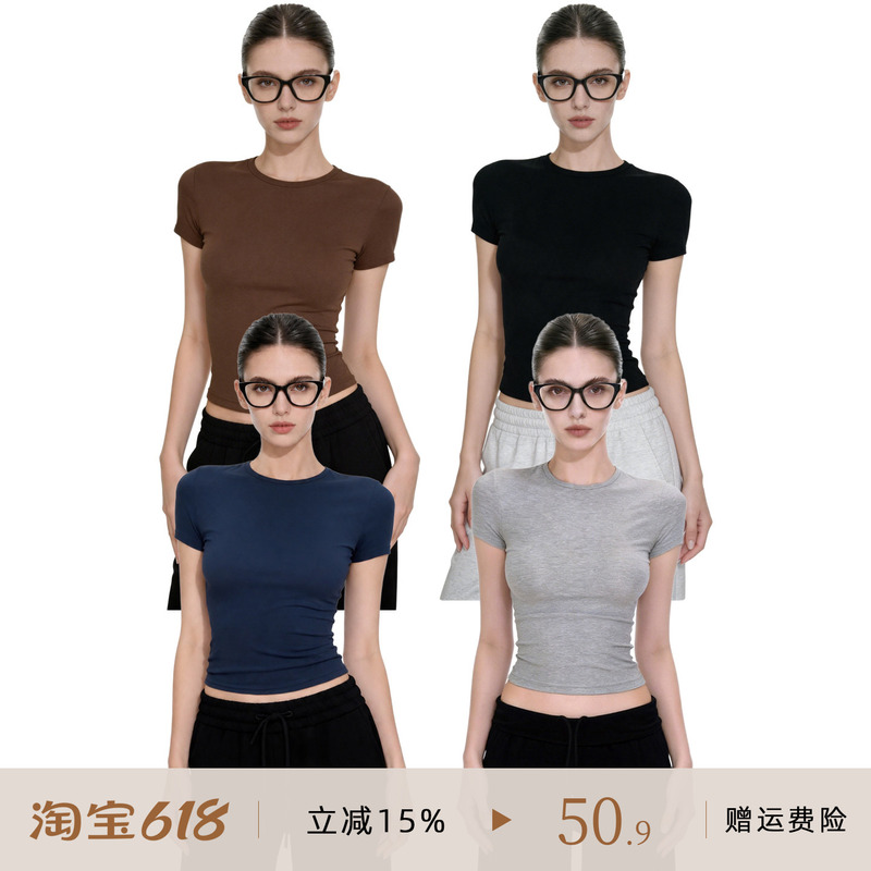 Apsier Slim-Fit Round Neck Short-Sleeve T-Shirt for Women, Summer 2026 New Style, Tight-Fitting, Slimming, Solid Color, Short Top Apsier Slim-Fit Round Neck Short-Sleeve T-Shirt for Women, Summer 2026 New Style, Tight-Fitting, Slimming, Solid Color, Short Top